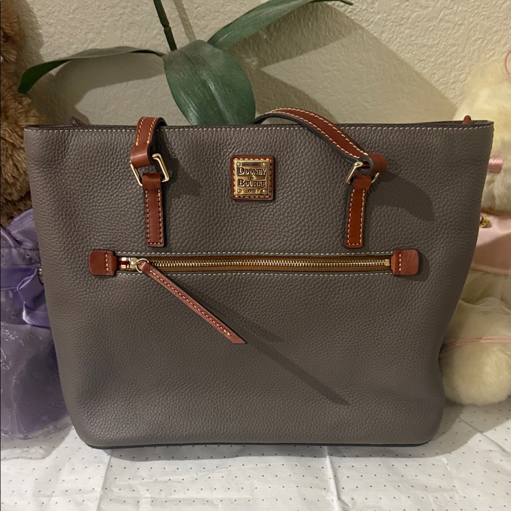 Dooney & Bourke Taupe Leather Tote with Tan Accents